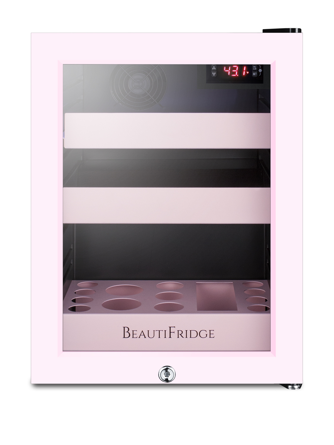 BeautiFridge compact cosmetics cooler with pink trimmed glass door, lock, matte blush pink shelves, and digital controls set for the storage of beauty products